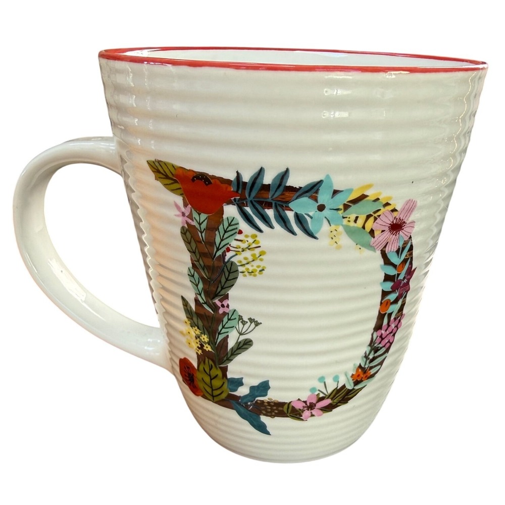 Pier 1 Savannah Stoneware Mug Letter D Floral Monogram Ribbed White Red Rim